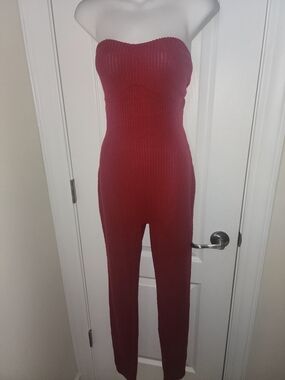Strapless Ribbed Jumpsuit - Burgundy